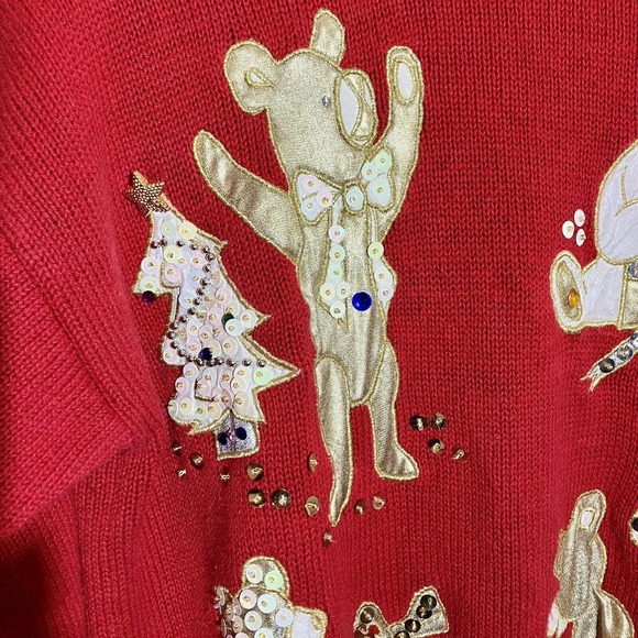 vintage ugly christmas sweater size M teddy bear Gold Lame Appliqué Sequins Red - Picture 8 of 11